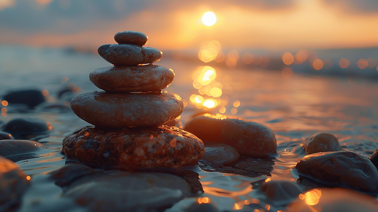 Healing stones arranged in a peaceful wellness setting at Garden of Peace Healing Center